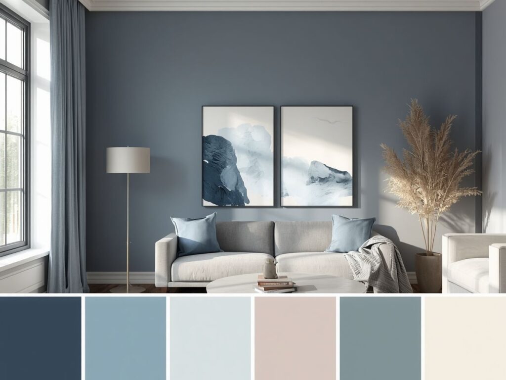 Modern living room with blue-gray walls and coordinating color palette