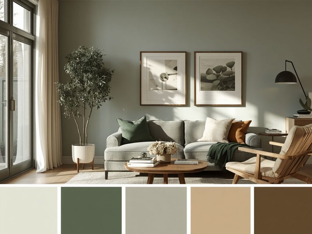 Sunlit living room with soft green walls and an earthy neutral palette