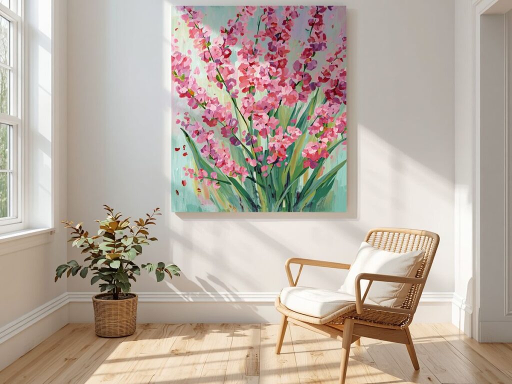 Bright room with wicker chair, potted plant, and large floral wall art