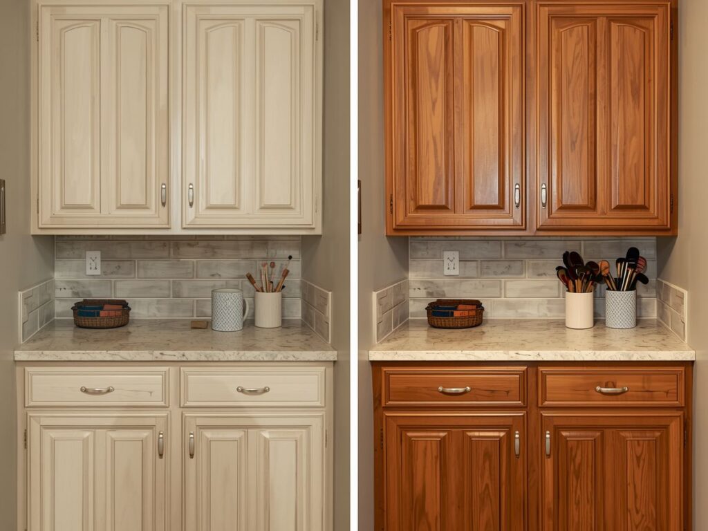 Side-by-side view of painted cabinets versus natural wood cabinet replacement