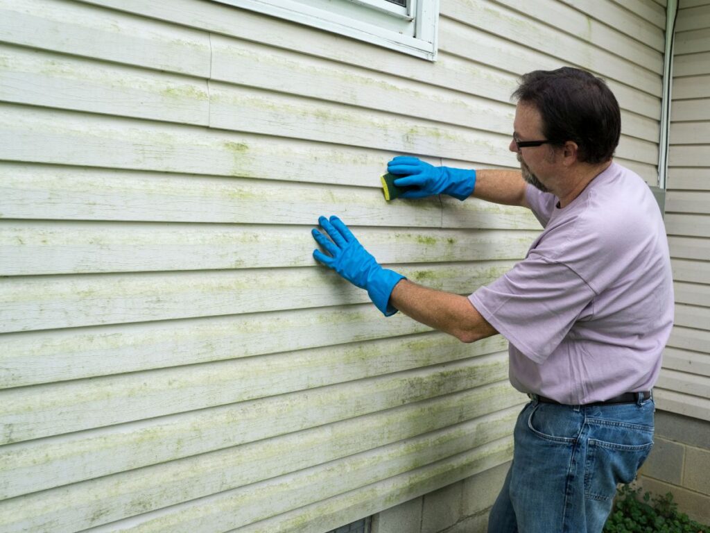 Person scrubbing dirty exterior siding with blue gloves