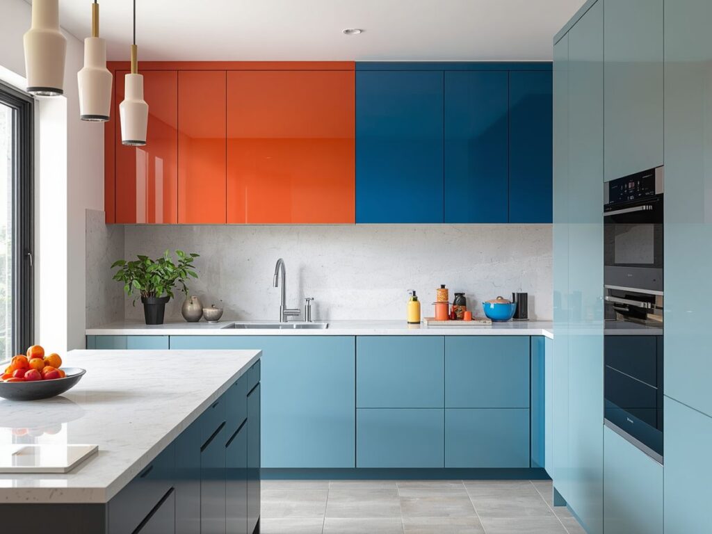 Bright modern kitchen with bold blue and orange cabinets